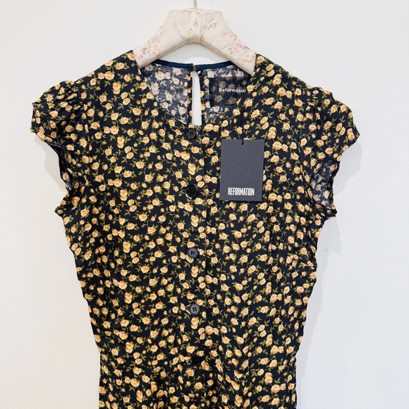 Reformation yellow black floral cap sleeve midi dress NEW - Picture 7 of 14